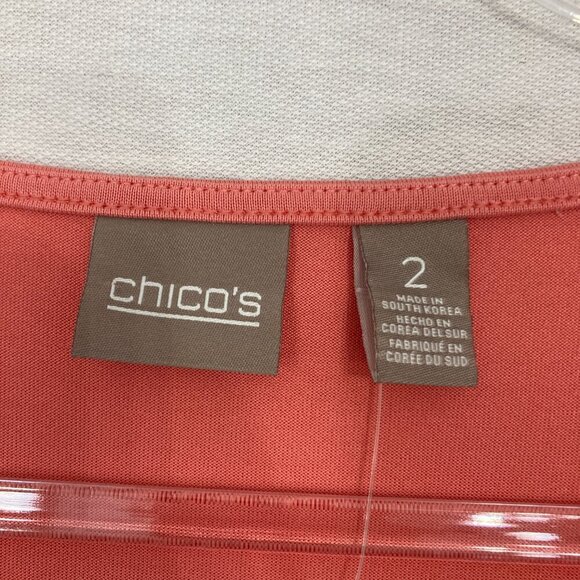 New Chico's Pink Salmon Round Neck Stretch Rolled Tab Pullover Blouse Large/2 - Picture 2 of 10
